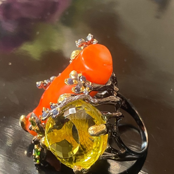 Masterpiece Genuine Lemon Quartz Coral Ring with Gems - Picture 3 of 9
